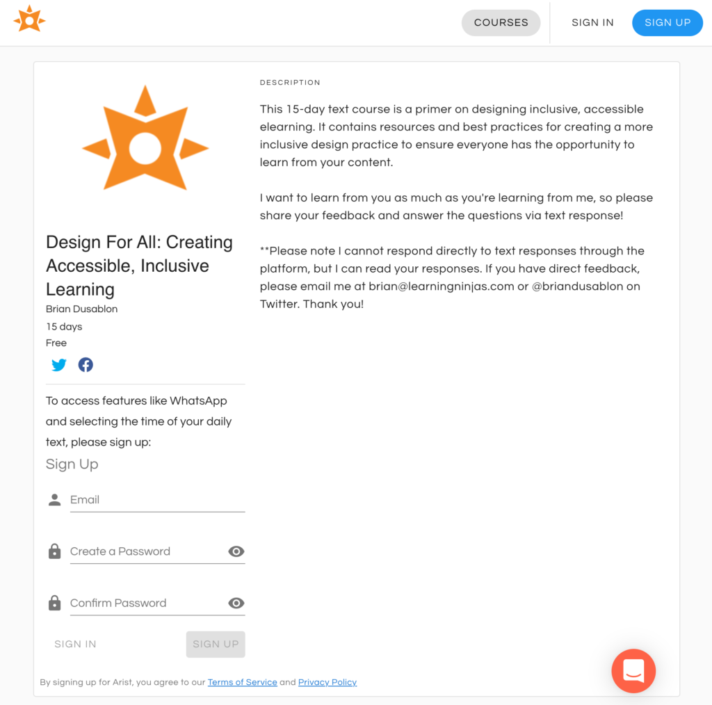 Design for All: Creating Accessible, Inclusive Learning text course sign-up page