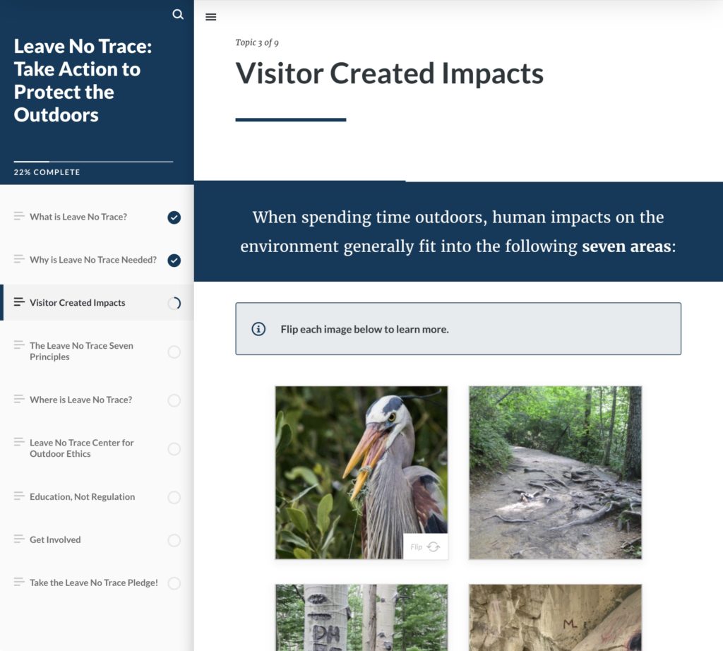 Leave No Trace: Take Action to Protect the Outdoors course on the Visitor Created Impacts Page showing  a set of images that depict the harmful impact of visitors in parks.