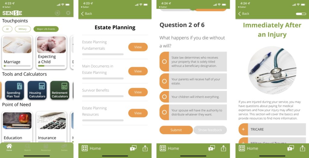 4 screens from the Sense mobile learning application - the dashboard, a course menu, a multiple-choice question, and some content with an accordion menu.