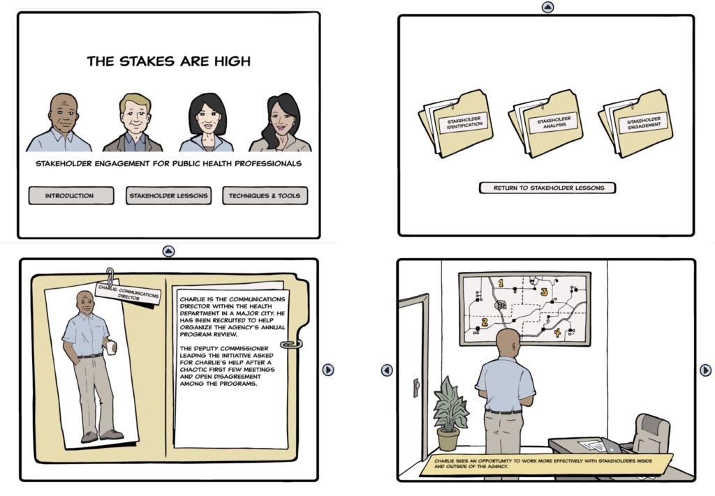 Stakeholder Engagement for Public Health Professionals course that uses story-based elearning